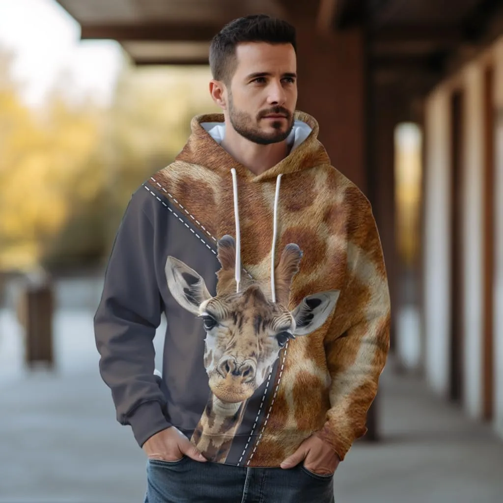 African Giraffe Hoodies For Men, 3D Crewneck Animal Graphic Hoodies Fleece Pullover Hooded Mens Sweatshirt Pockets