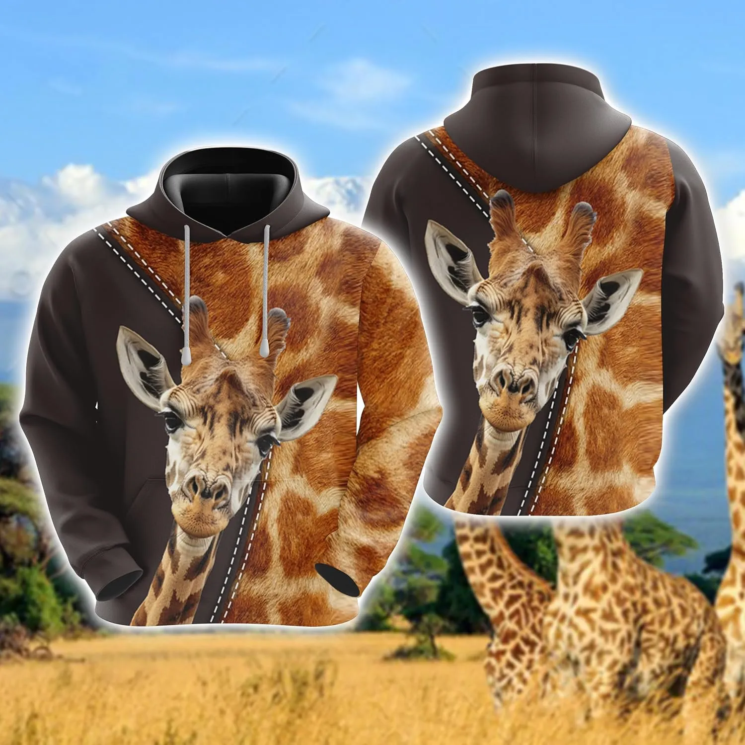 African Giraffe Hoodies For Men, 3D Crewneck Animal Graphic Hoodies Fleece Pullover Hooded Mens Sweatshirt Pockets