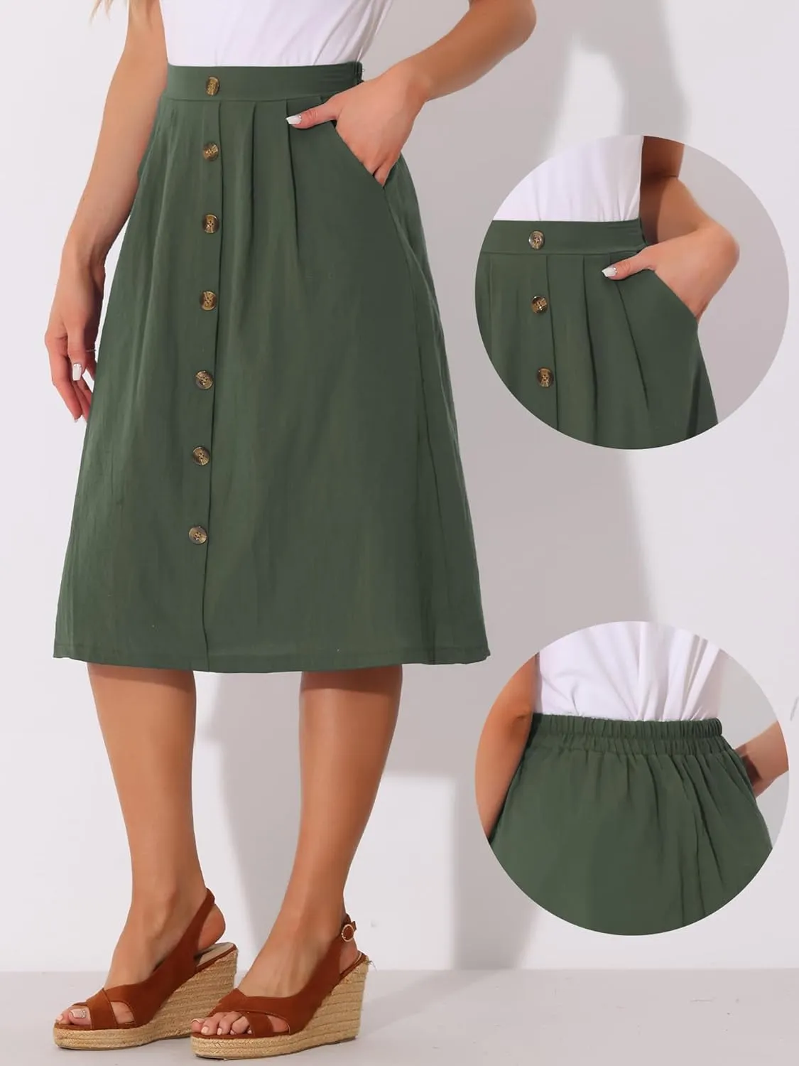 Allegra K Midi Skirts for Women Casual High Elastic Waist Button Pleated Linen A Line Skirts with Pockets