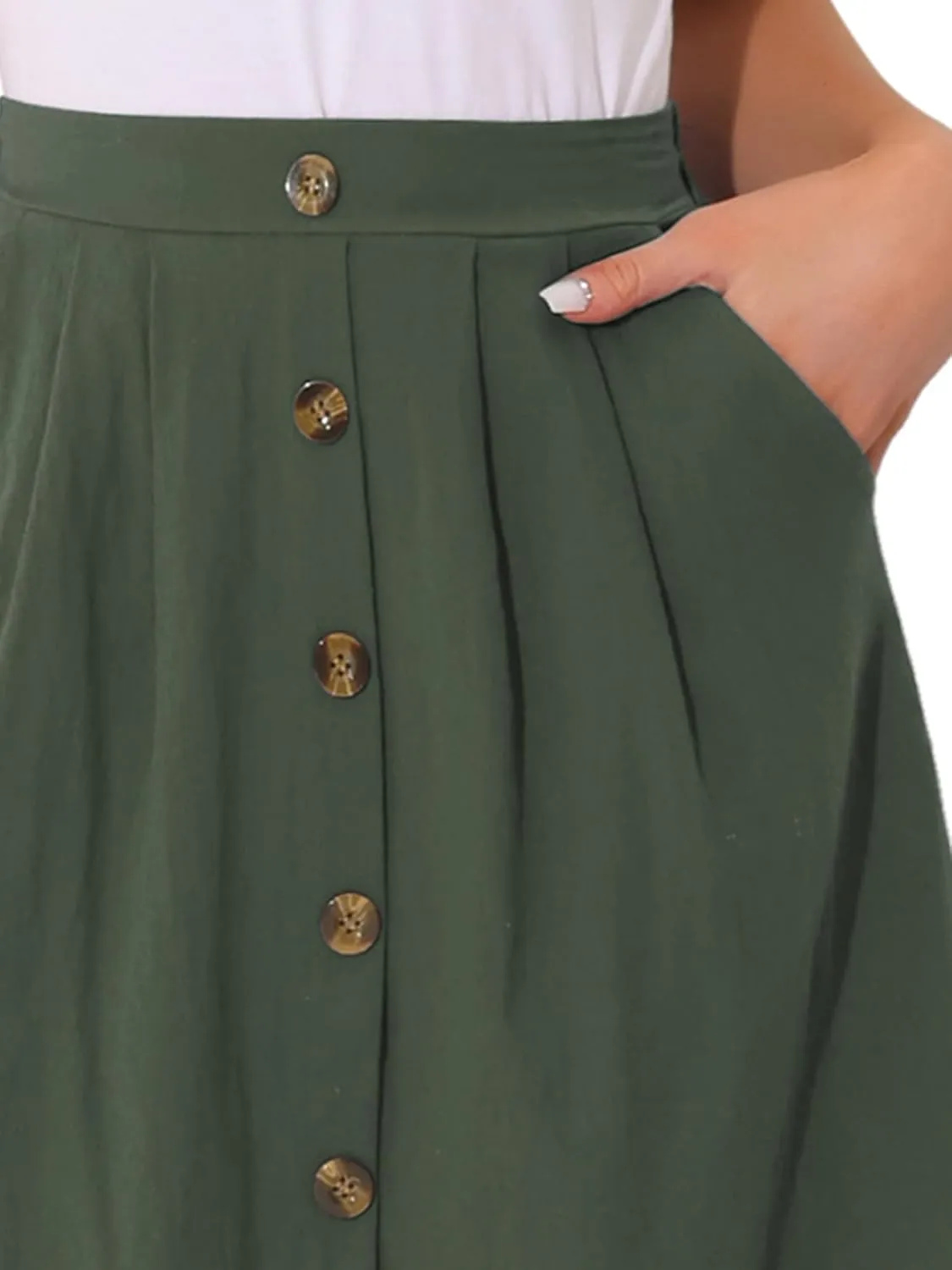 Allegra K Midi Skirts for Women Casual High Elastic Waist Button Pleated Linen A Line Skirts with Pockets