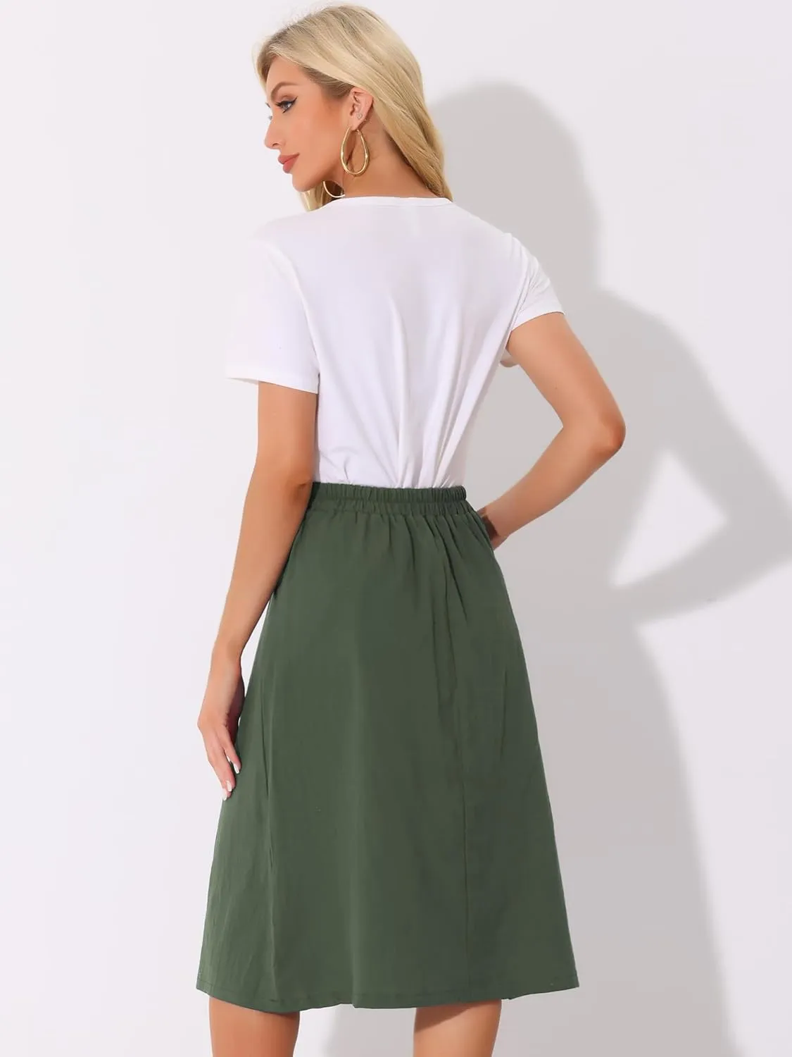 Allegra K Midi Skirts for Women Casual High Elastic Waist Button Pleated Linen A Line Skirts with Pockets
