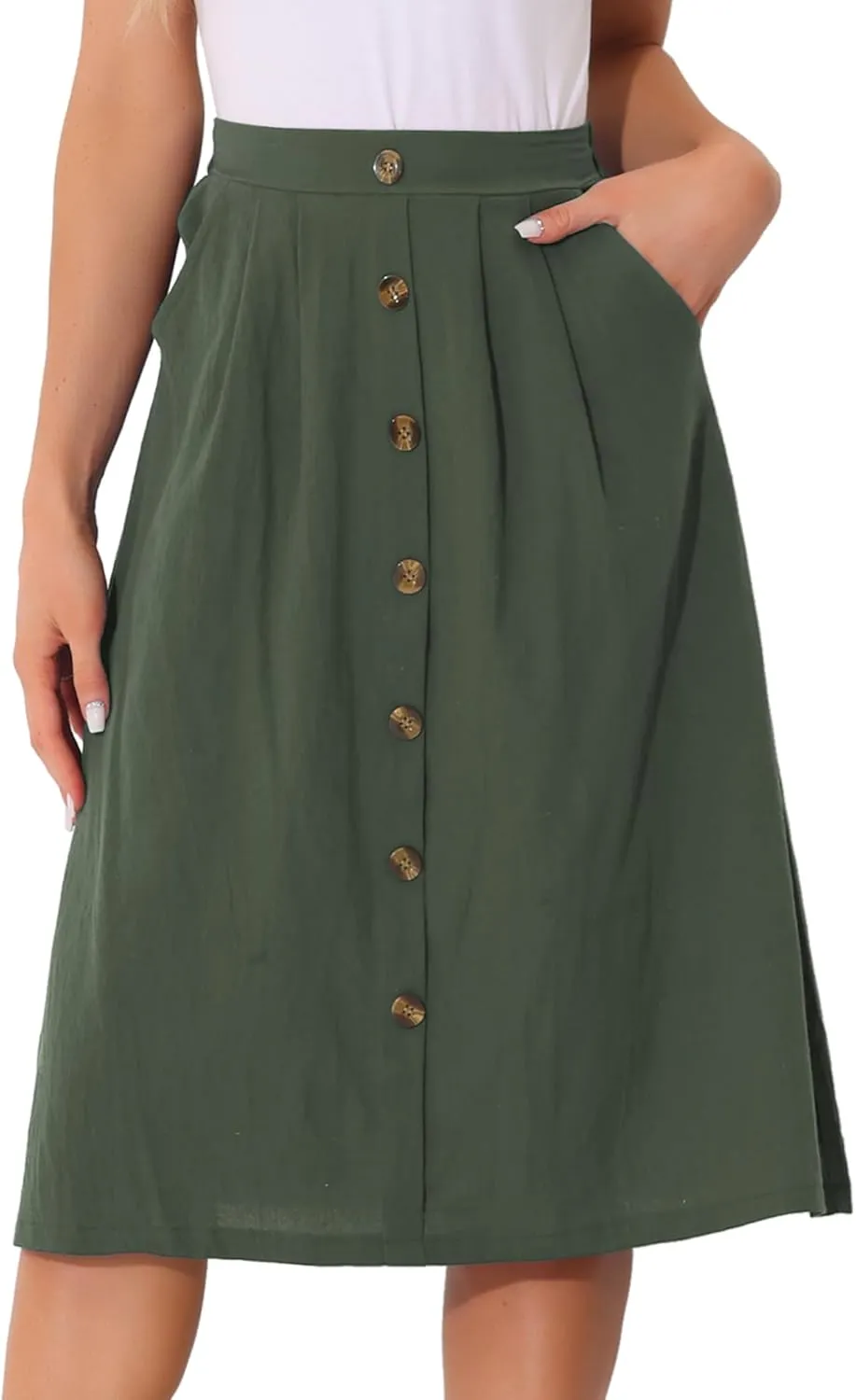 Allegra K Midi Skirts for Women Casual High Elastic Waist Button Pleated Linen A Line Skirts with Pockets