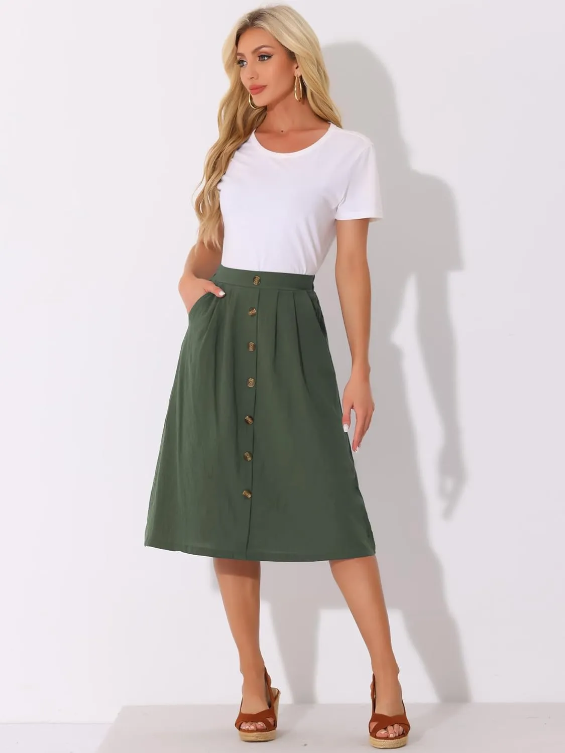 Allegra K Midi Skirts for Women Casual High Elastic Waist Button Pleated Linen A Line Skirts with Pockets