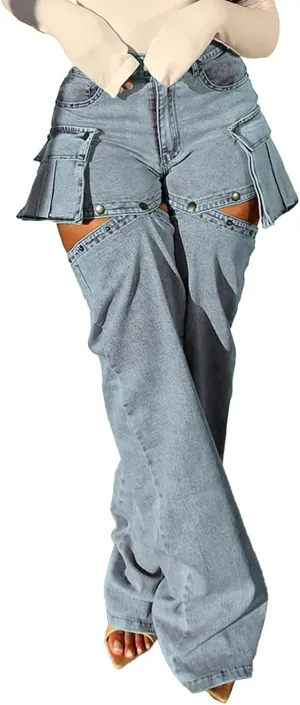 Angsuttc Cargo Jeans for Women Snap Button Detachable Leg High Waisted Denim Pants Wide Leg Jean with Pockets
