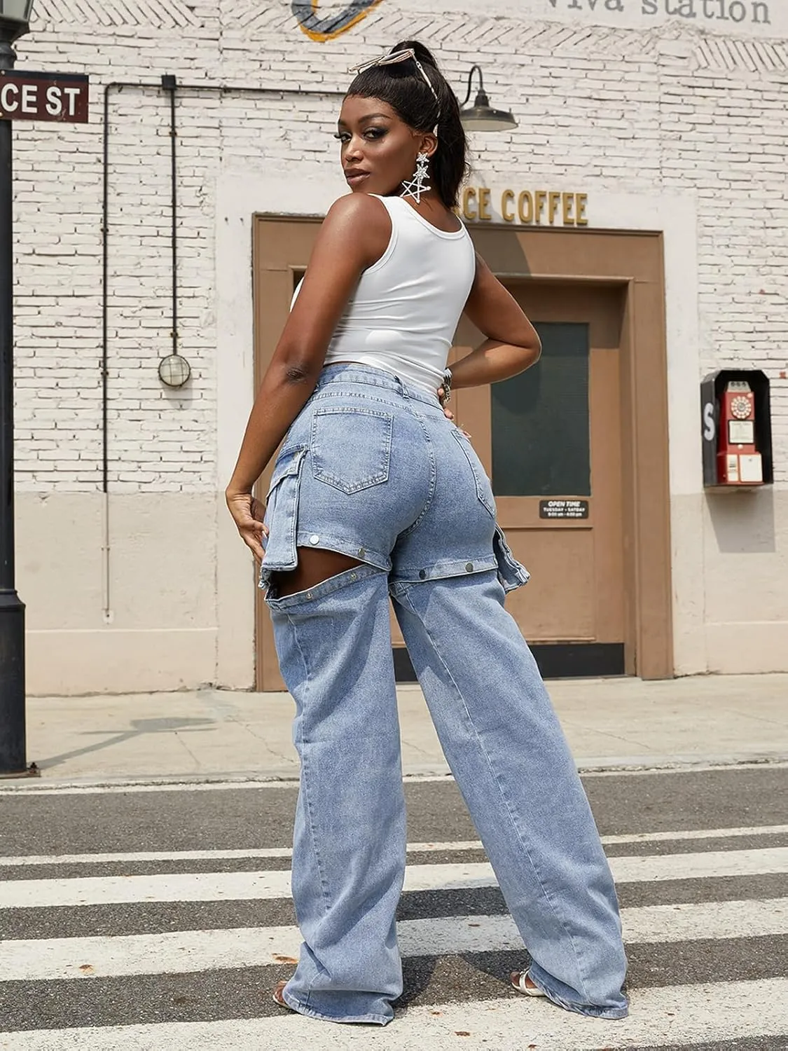 Angsuttc Cargo Jeans for Women Snap Button Detachable Leg High Waisted Denim Pants Wide Leg Jean with Pockets