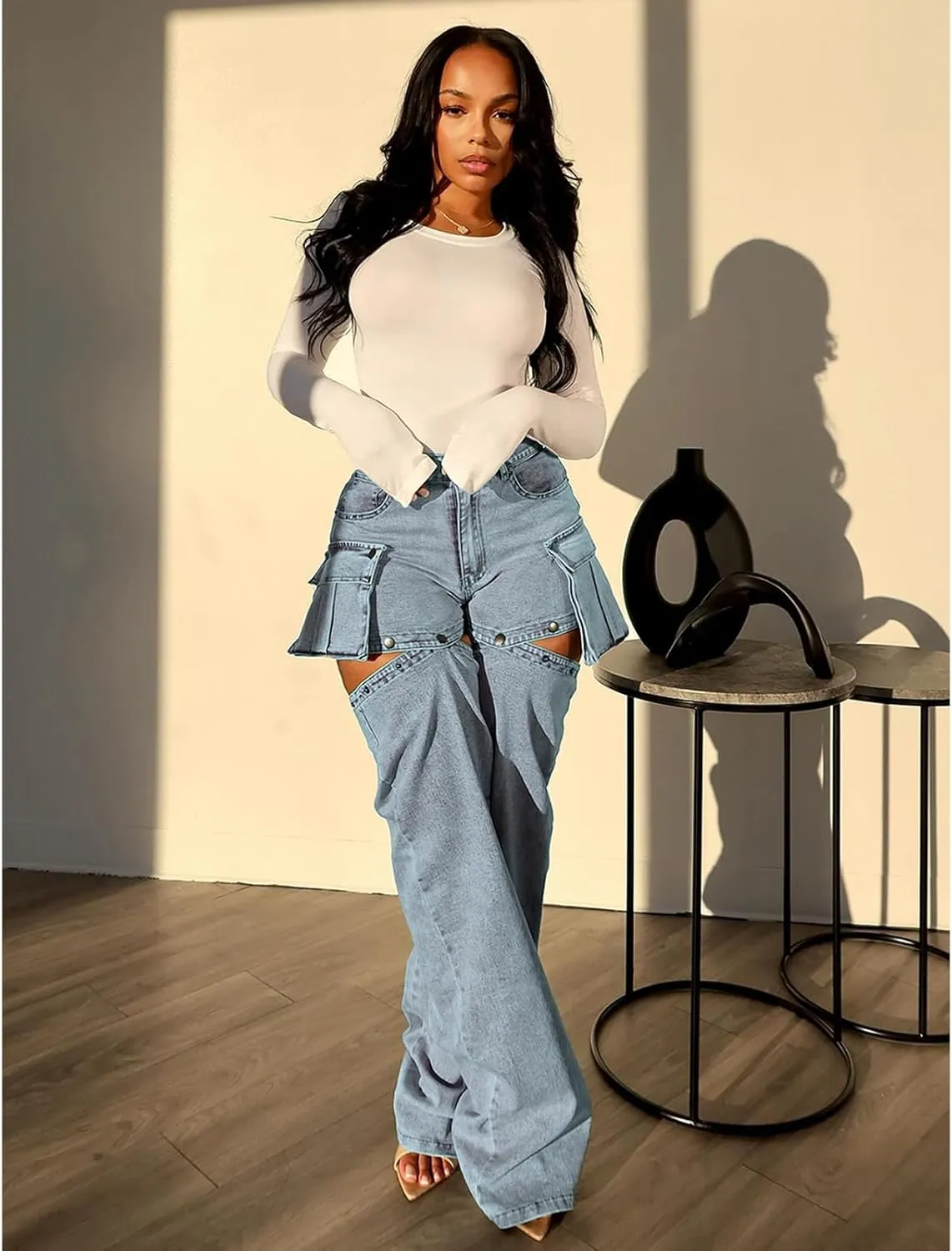 Angsuttc Cargo Jeans for Women Snap Button Detachable Leg High Waisted Denim Pants Wide Leg Jean with Pockets