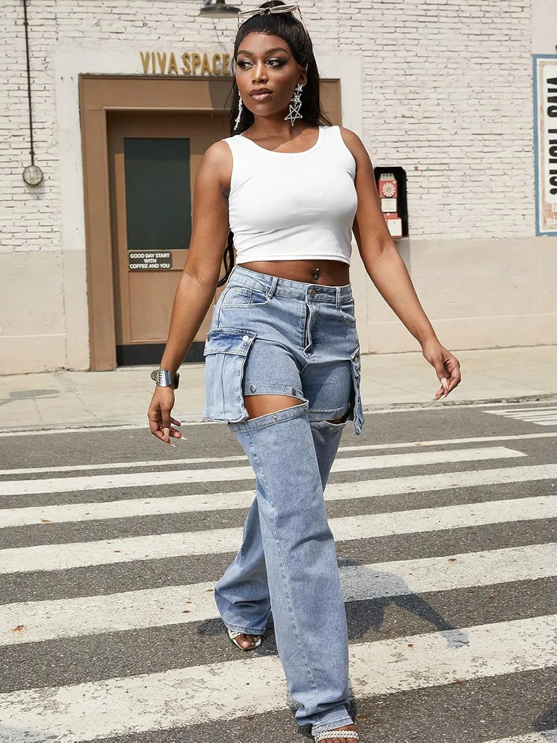 Angsuttc Cargo Jeans for Women Snap Button Detachable Leg High Waisted Denim Pants Wide Leg Jean with Pockets