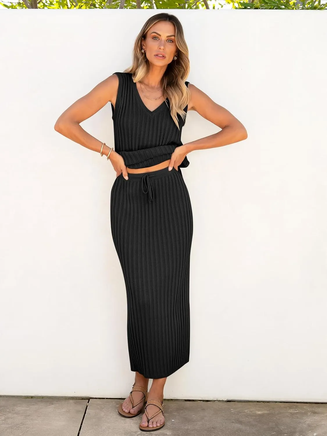 ANRABESS 2 Piece Sweater Skirt Sets for Women Sleeveless V Neck Ribbed Vest Tops Knits Casual Midi Dresses 2025 Summer Outfit
