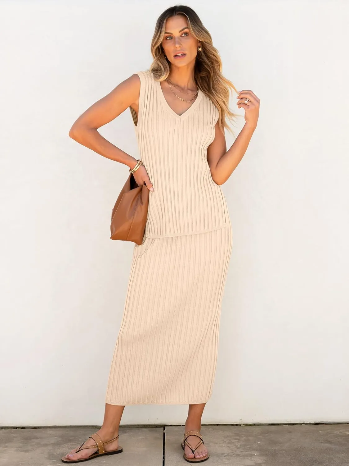 ANRABESS 2 Piece Sweater Skirt Sets for Women Sleeveless V Neck Ribbed Vest Tops Knits Casual Midi Dresses 2025 Summer Outfit