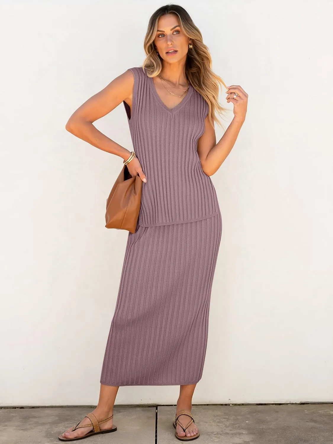 ANRABESS 2 Piece Sweater Skirt Sets for Women Sleeveless V Neck Ribbed Vest Tops Knits Casual Midi Dresses 2025 Summer Outfit