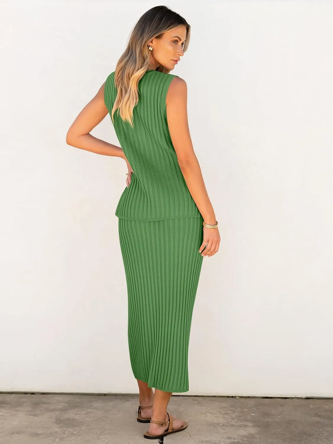 ANRABESS 2 Piece Sweater Skirt Sets for Women Sleeveless V Neck Ribbed Vest Tops Knits Casual Midi Dresses 2025 Summer Outfit