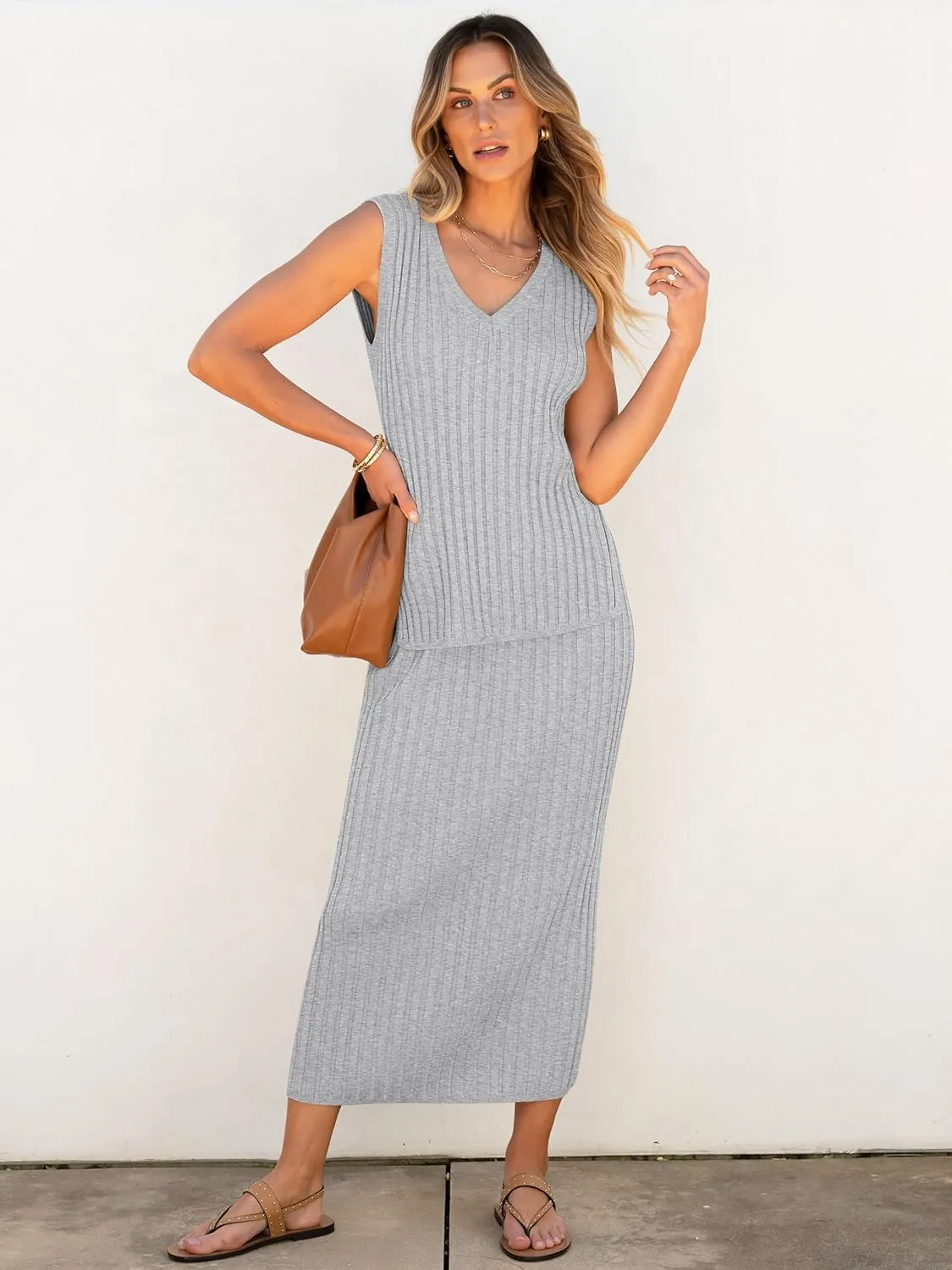 ANRABESS 2 Piece Sweater Skirt Sets for Women Sleeveless V Neck Ribbed Vest Tops Knits Casual Midi Dresses 2025 Summer Outfit
