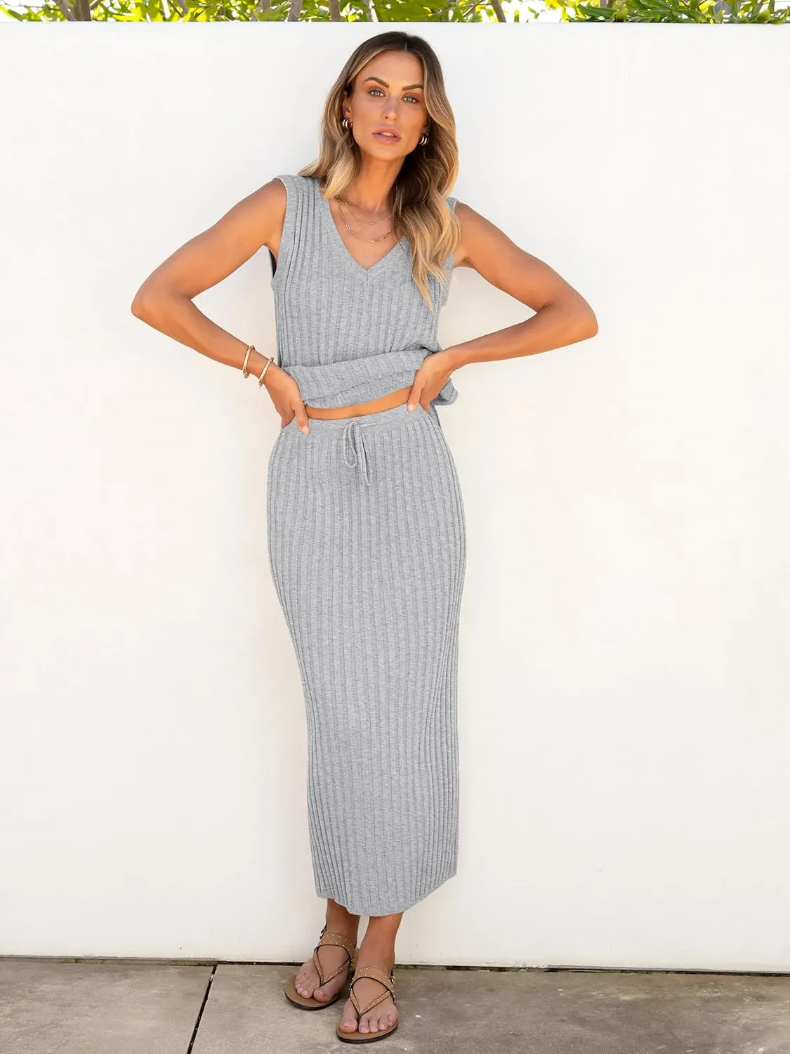 ANRABESS 2 Piece Sweater Skirt Sets for Women Sleeveless V Neck Ribbed Vest Tops Knits Casual Midi Dresses 2025 Summer Outfit