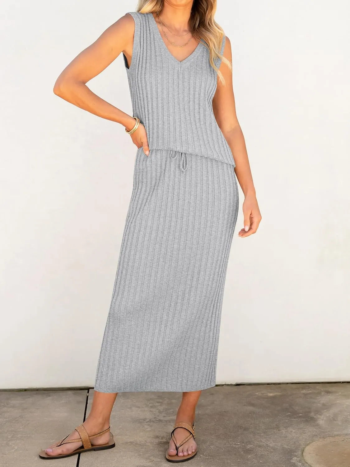 ANRABESS 2 Piece Sweater Skirt Sets for Women Sleeveless V Neck Ribbed Vest Tops Knits Casual Midi Dresses 2025 Summer Outfit
