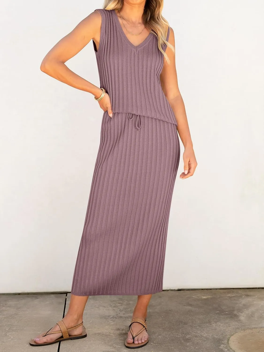 ANRABESS 2 Piece Sweater Skirt Sets for Women Sleeveless V Neck Ribbed Vest Tops Knits Casual Midi Dresses 2025 Summer Outfit