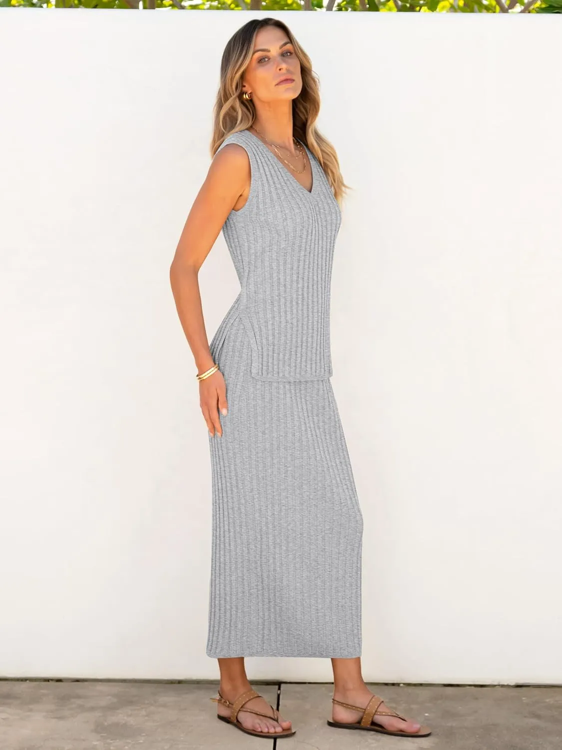 ANRABESS 2 Piece Sweater Skirt Sets for Women Sleeveless V Neck Ribbed Vest Tops Knits Casual Midi Dresses 2025 Summer Outfit