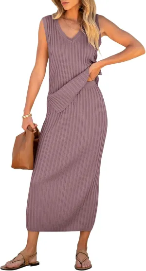 ANRABESS 2 Piece Sweater Skirt Sets for Women Sleeveless V Neck Ribbed Vest Tops Knits Casual Midi Dresses 2025 Summer Outfit