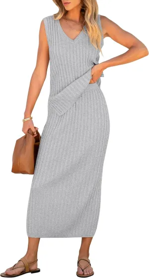 ANRABESS 2 Piece Sweater Skirt Sets for Women Sleeveless V Neck Ribbed Vest Tops Knits Casual Midi Dresses 2025 Summer Outfit