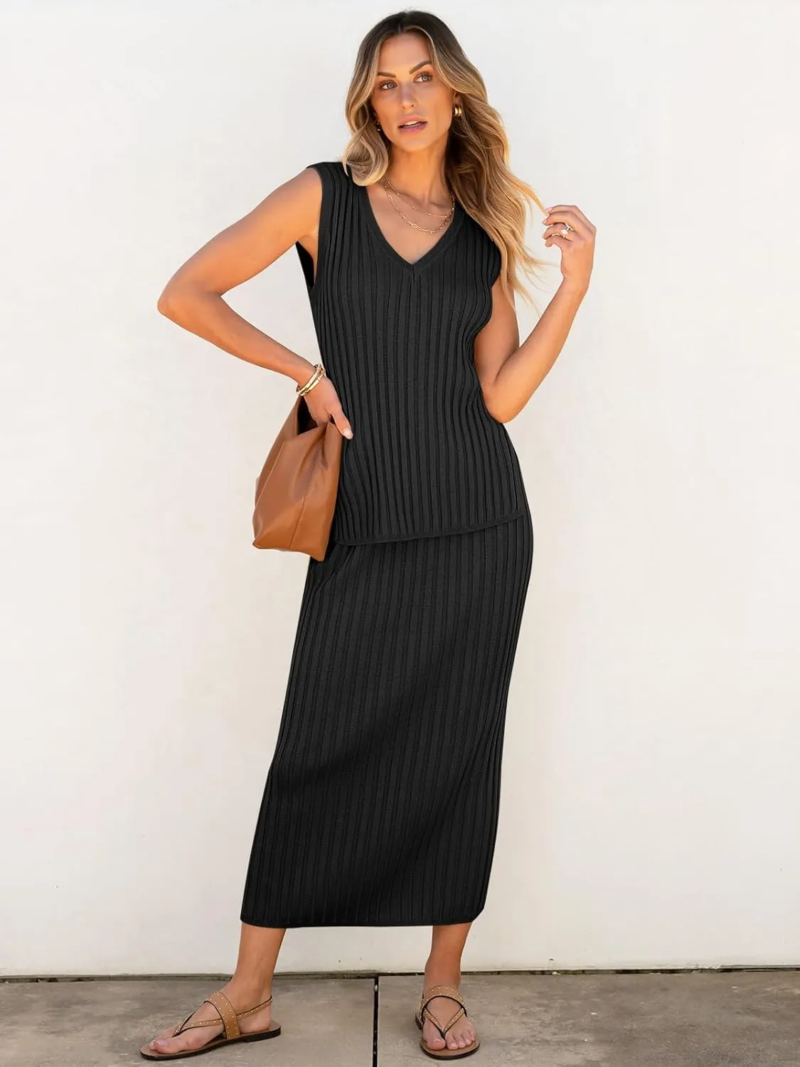 ANRABESS 2 Piece Sweater Skirt Sets for Women Sleeveless V Neck Ribbed Vest Tops Knits Casual Midi Dresses 2025 Summer Outfit