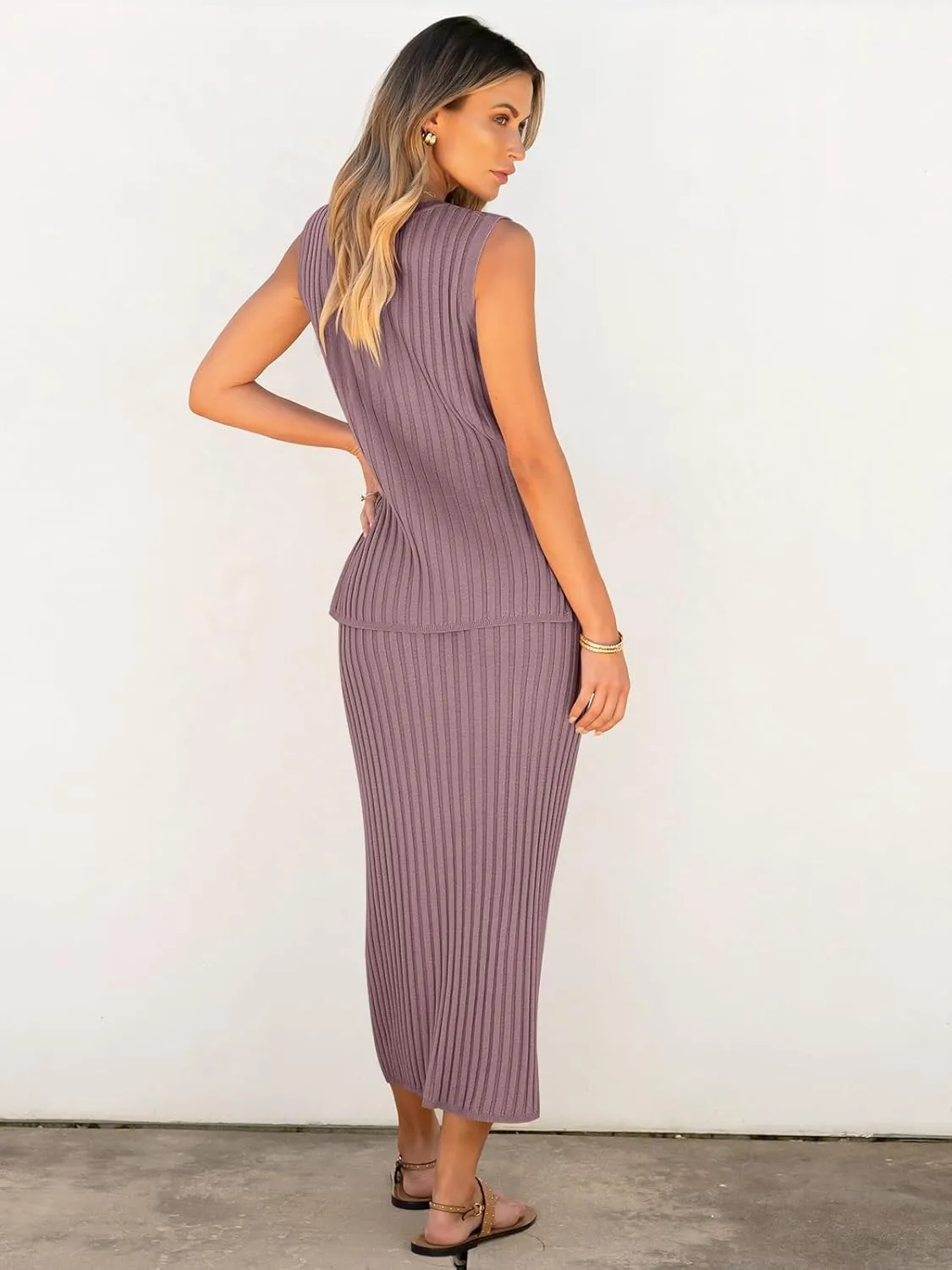 ANRABESS 2 Piece Sweater Skirt Sets for Women Sleeveless V Neck Ribbed Vest Tops Knits Casual Midi Dresses 2025 Summer Outfit