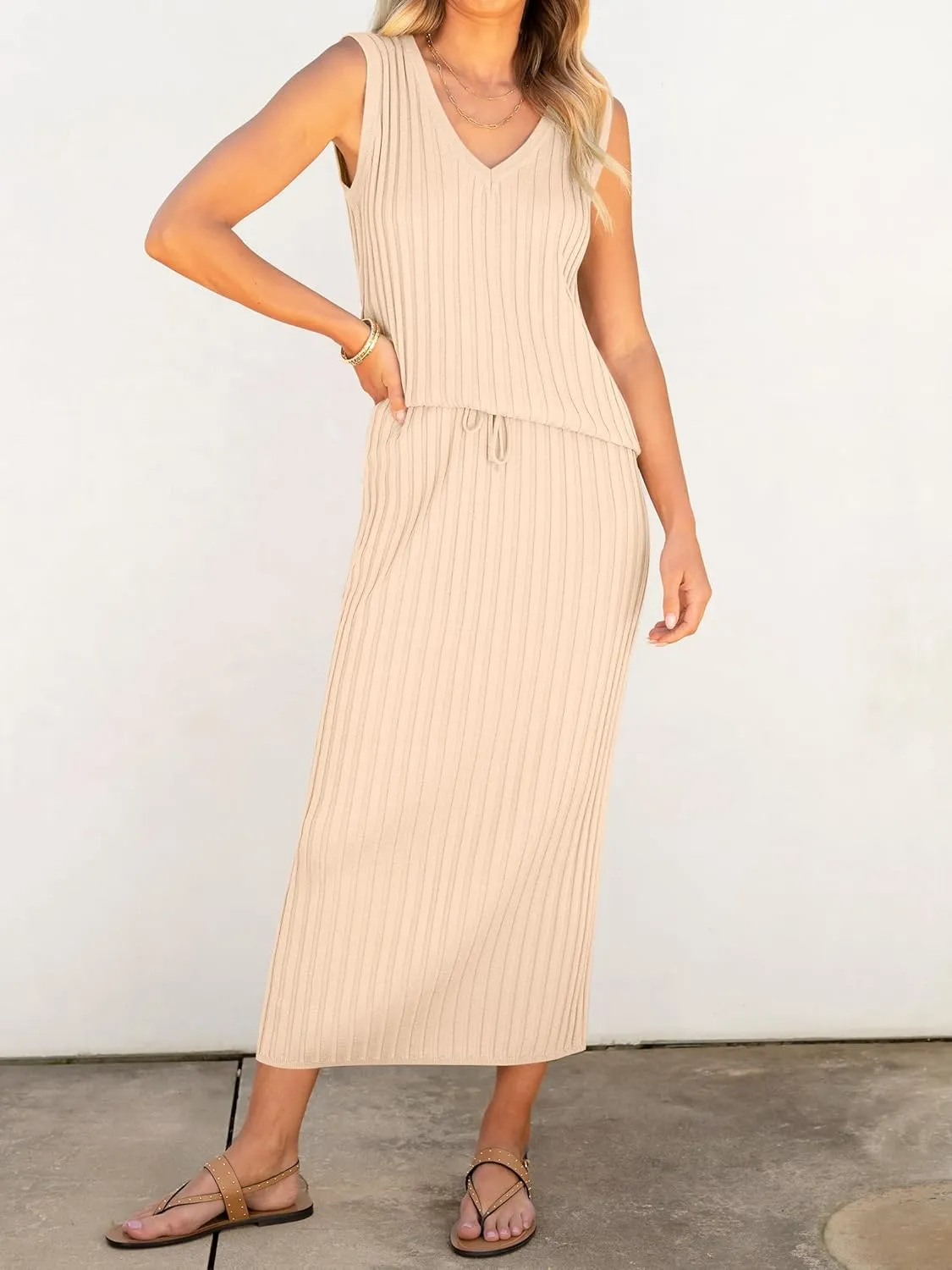 ANRABESS 2 Piece Sweater Skirt Sets for Women Sleeveless V Neck Ribbed Vest Tops Knits Casual Midi Dresses 2025 Summer Outfit