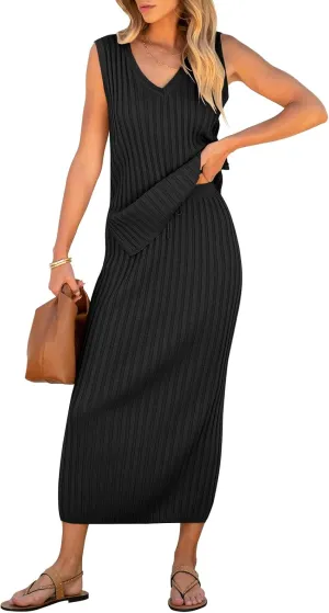 ANRABESS 2 Piece Sweater Skirt Sets for Women Sleeveless V Neck Ribbed Vest Tops Knits Casual Midi Dresses 2025 Summer Outfit
