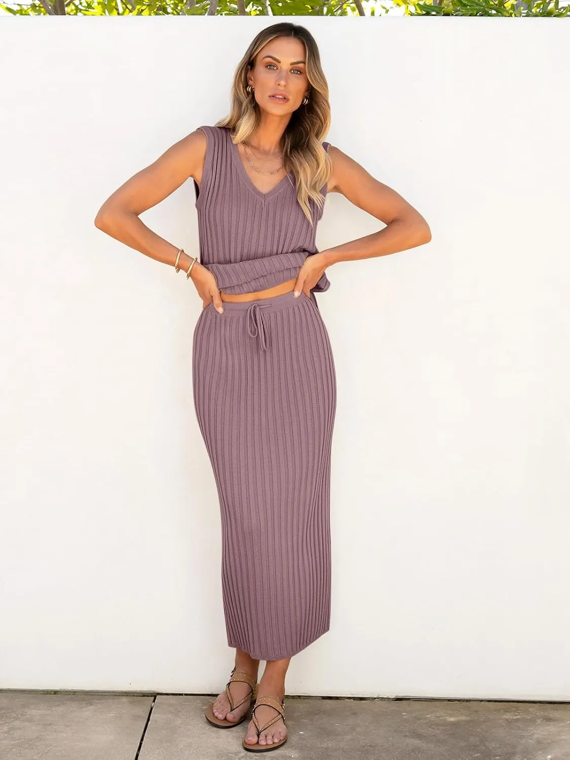 ANRABESS 2 Piece Sweater Skirt Sets for Women Sleeveless V Neck Ribbed Vest Tops Knits Casual Midi Dresses 2025 Summer Outfit