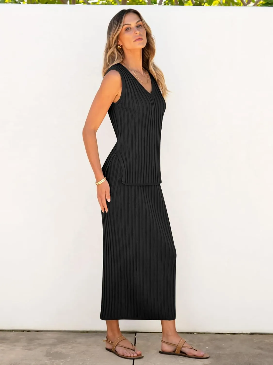 ANRABESS 2 Piece Sweater Skirt Sets for Women Sleeveless V Neck Ribbed Vest Tops Knits Casual Midi Dresses 2025 Summer Outfit