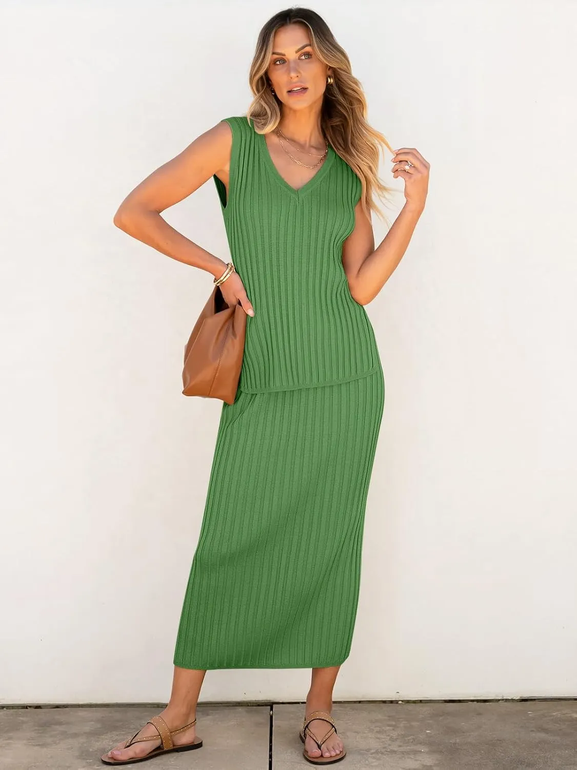 ANRABESS 2 Piece Sweater Skirt Sets for Women Sleeveless V Neck Ribbed Vest Tops Knits Casual Midi Dresses 2025 Summer Outfit