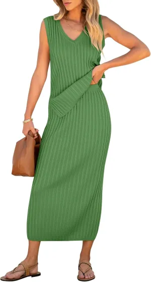 ANRABESS 2 Piece Sweater Skirt Sets for Women Sleeveless V Neck Ribbed Vest Tops Knits Casual Midi Dresses 2025 Summer Outfit