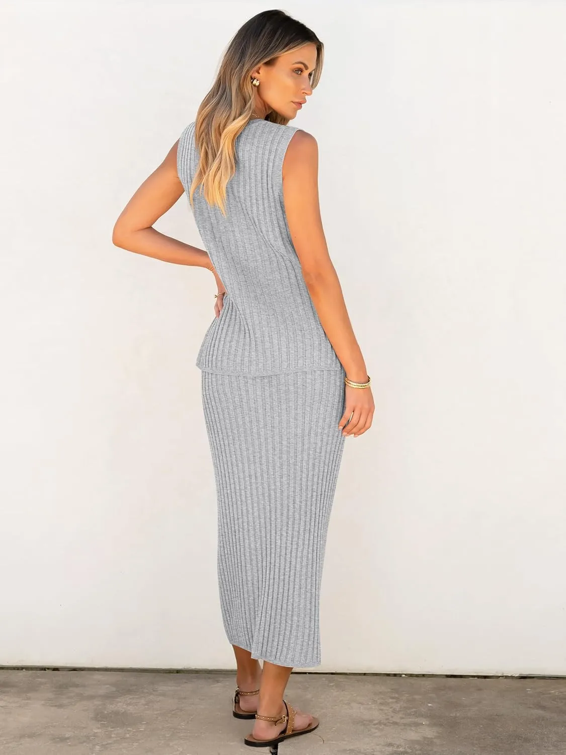 ANRABESS 2 Piece Sweater Skirt Sets for Women Sleeveless V Neck Ribbed Vest Tops Knits Casual Midi Dresses 2025 Summer Outfit