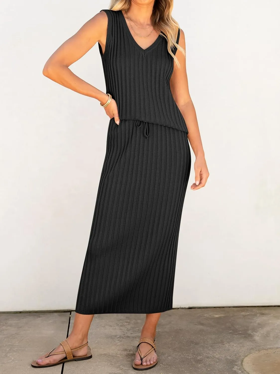 ANRABESS 2 Piece Sweater Skirt Sets for Women Sleeveless V Neck Ribbed Vest Tops Knits Casual Midi Dresses 2025 Summer Outfit