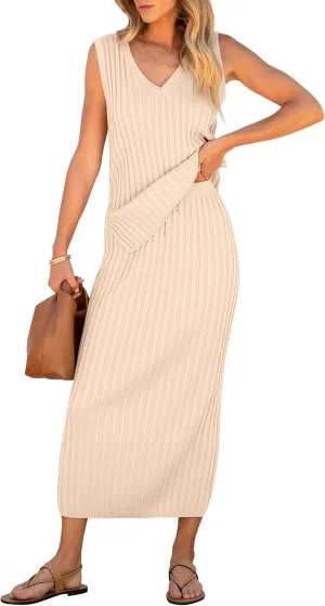 ANRABESS 2 Piece Sweater Skirt Sets for Women Sleeveless V Neck Ribbed Vest Tops Knits Casual Midi Dresses 2025 Summer Outfit
