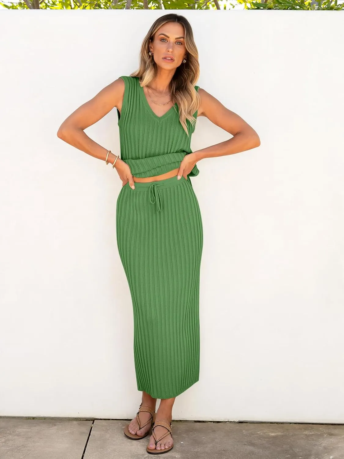 ANRABESS 2 Piece Sweater Skirt Sets for Women Sleeveless V Neck Ribbed Vest Tops Knits Casual Midi Dresses 2025 Summer Outfit
