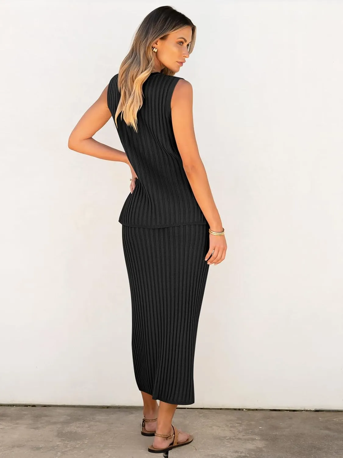 ANRABESS 2 Piece Sweater Skirt Sets for Women Sleeveless V Neck Ribbed Vest Tops Knits Casual Midi Dresses 2025 Summer Outfit