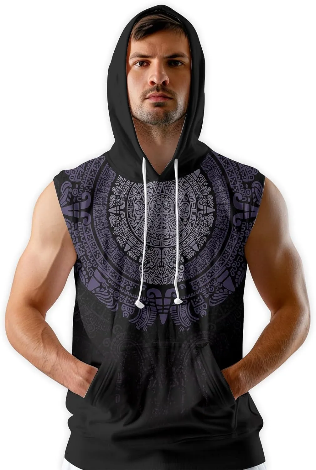 Aztec Sleeveless Hoodies for Men Gym Training Workout Hooded Tank Top Muscle Hoodies for Men