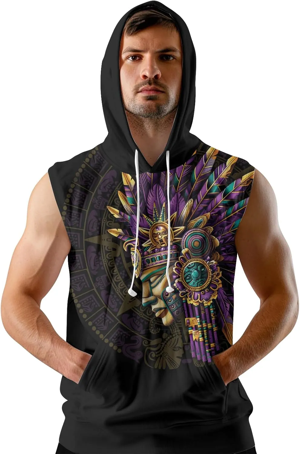 Aztec Sleeveless Hoodies for Men Gym Training Workout Hooded Tank Top Muscle Hoodies for Men