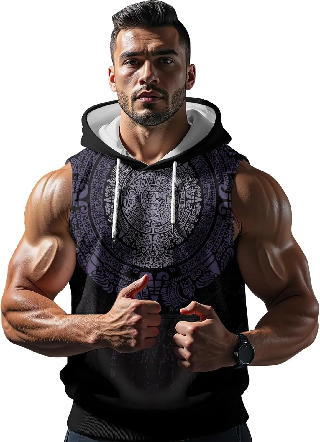 Aztec Sleeveless Hoodies for Men Gym Training Workout Hooded Tank Top Muscle Hoodies for Men