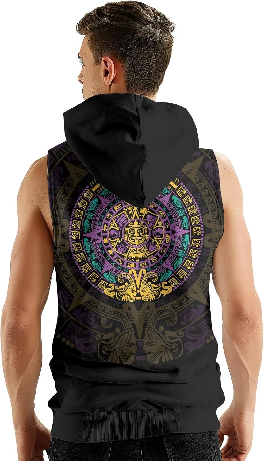 Aztec Sleeveless Hoodies for Men Gym Training Workout Hooded Tank Top Muscle Hoodies for Men