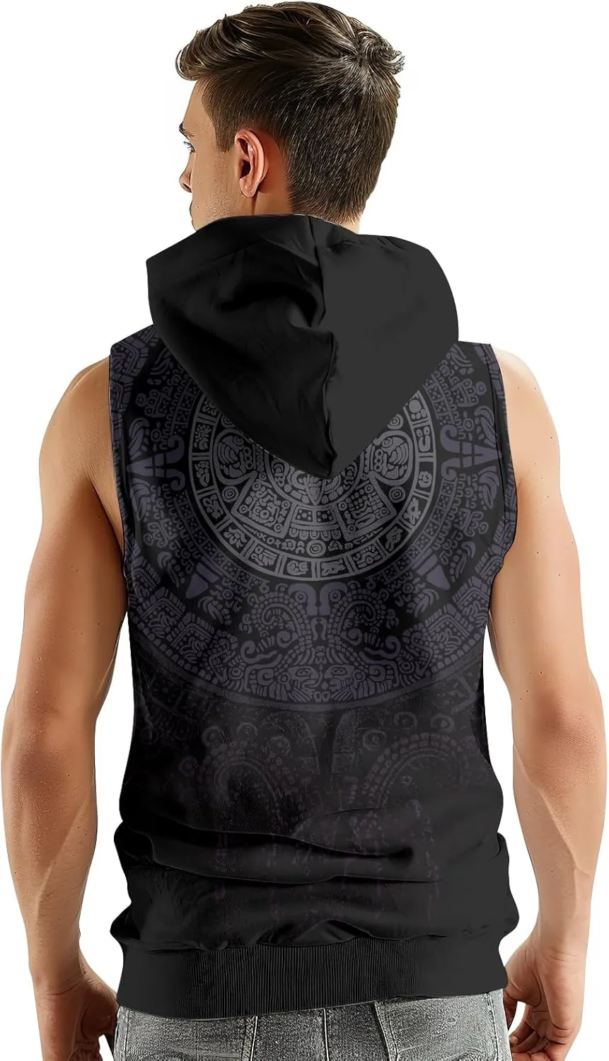 Aztec Sleeveless Hoodies for Men Gym Training Workout Hooded Tank Top Muscle Hoodies for Men