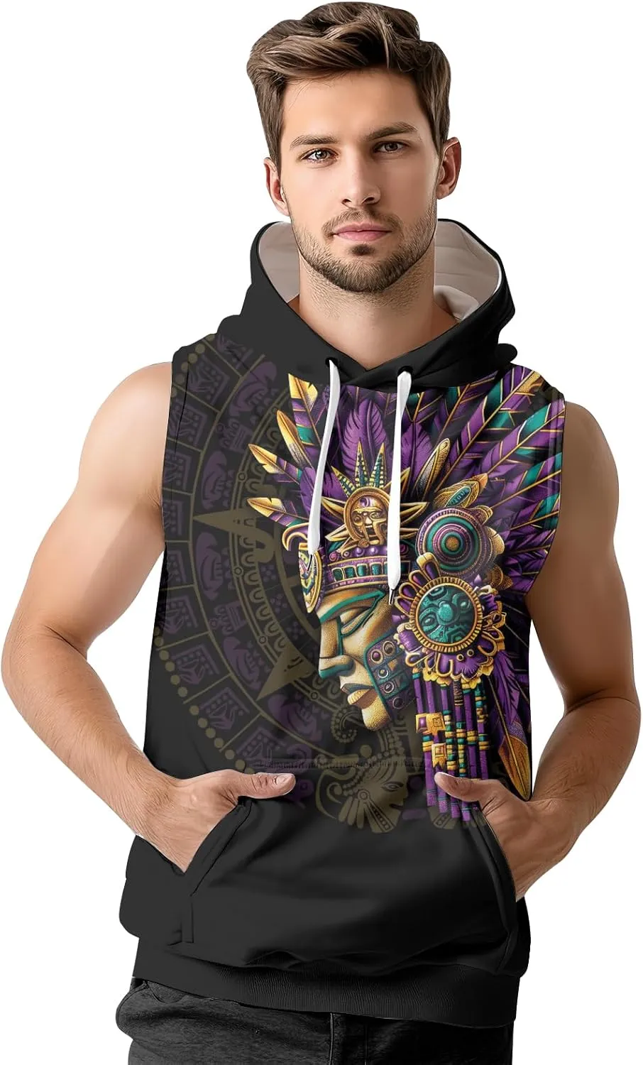 Aztec Sleeveless Hoodies for Men Gym Training Workout Hooded Tank Top Muscle Hoodies for Men