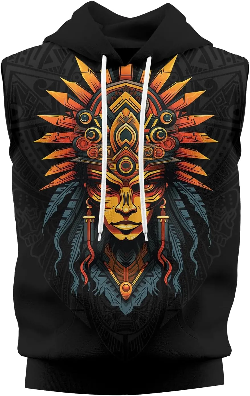 Aztec Sleeveless Hoodies for Men Gym Training Workout Hooded Tank Top Muscle Hoodies for Men