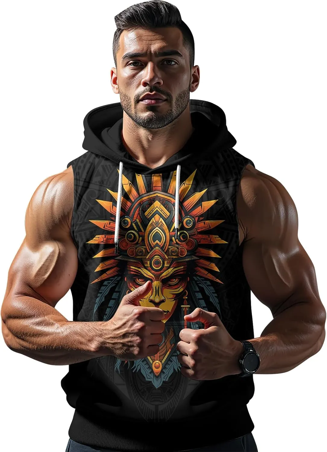 Aztec Sleeveless Hoodies for Men Gym Training Workout Hooded Tank Top Muscle Hoodies for Men