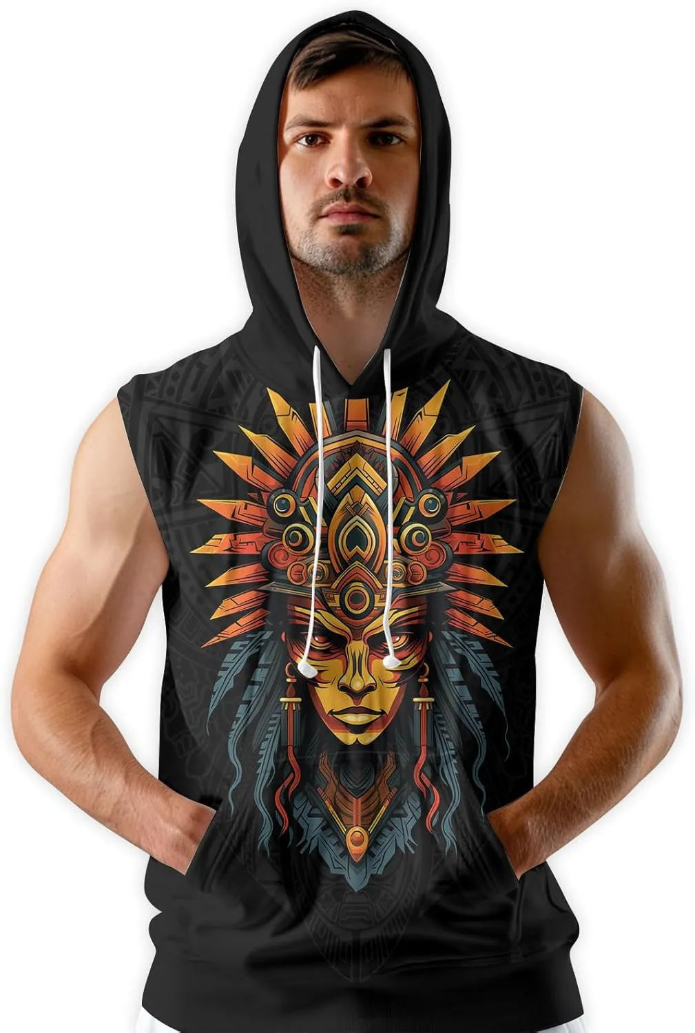 Aztec Sleeveless Hoodies for Men Gym Training Workout Hooded Tank Top Muscle Hoodies for Men