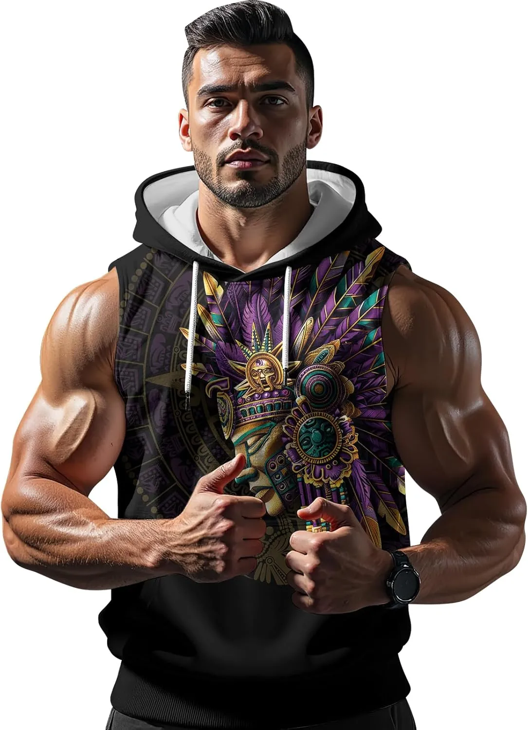 Aztec Sleeveless Hoodies for Men Gym Training Workout Hooded Tank Top Muscle Hoodies for Men