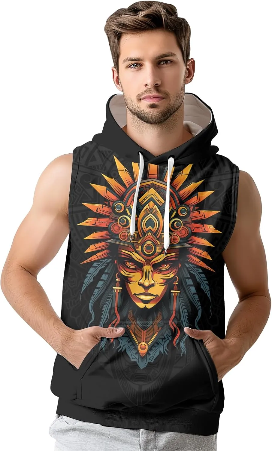 Aztec Sleeveless Hoodies for Men Gym Training Workout Hooded Tank Top Muscle Hoodies for Men