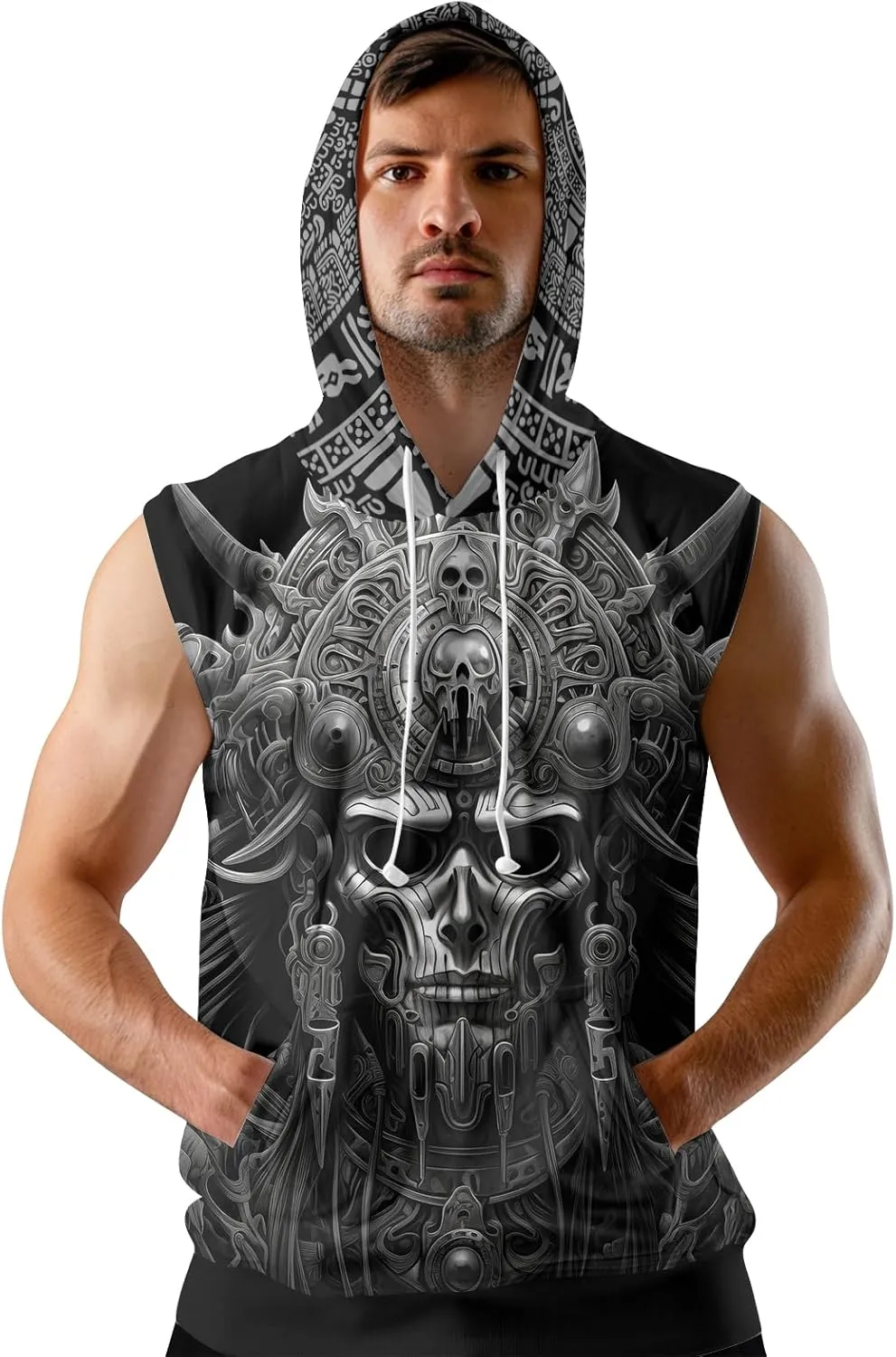 Aztec Sleeveless Hoodies for Men Gym Training Workout Hooded Tank Top Muscle Hoodies for Men