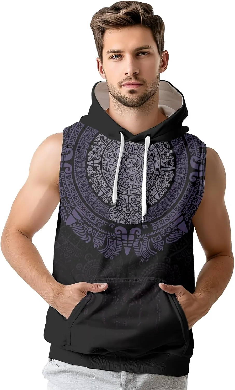 Aztec Sleeveless Hoodies for Men Gym Training Workout Hooded Tank Top Muscle Hoodies for Men