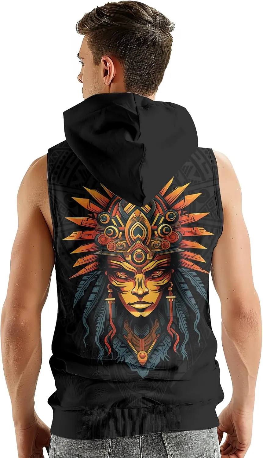 Aztec Sleeveless Hoodies for Men Gym Training Workout Hooded Tank Top Muscle Hoodies for Men