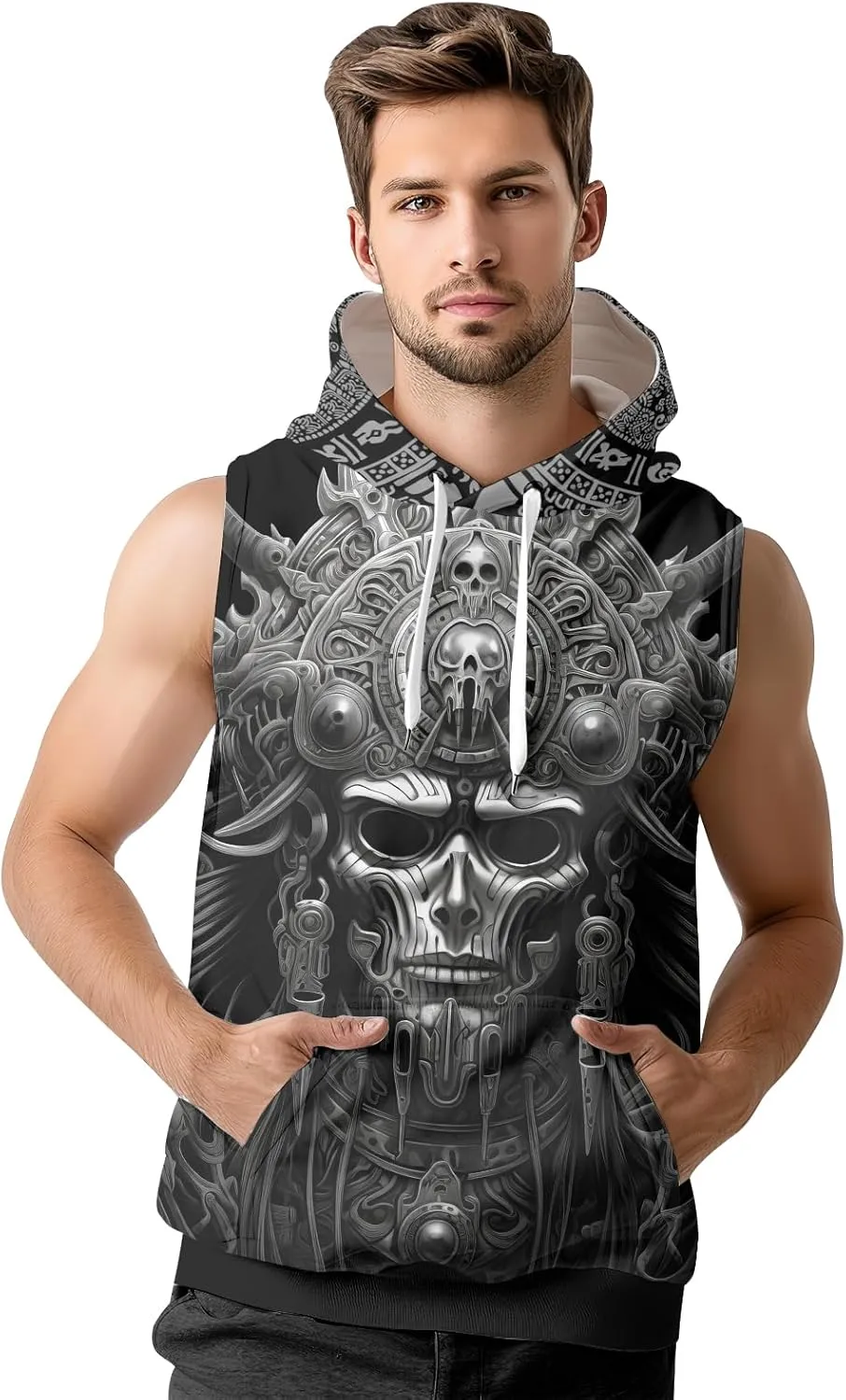 Aztec Sleeveless Hoodies for Men Gym Training Workout Hooded Tank Top Muscle Hoodies for Men